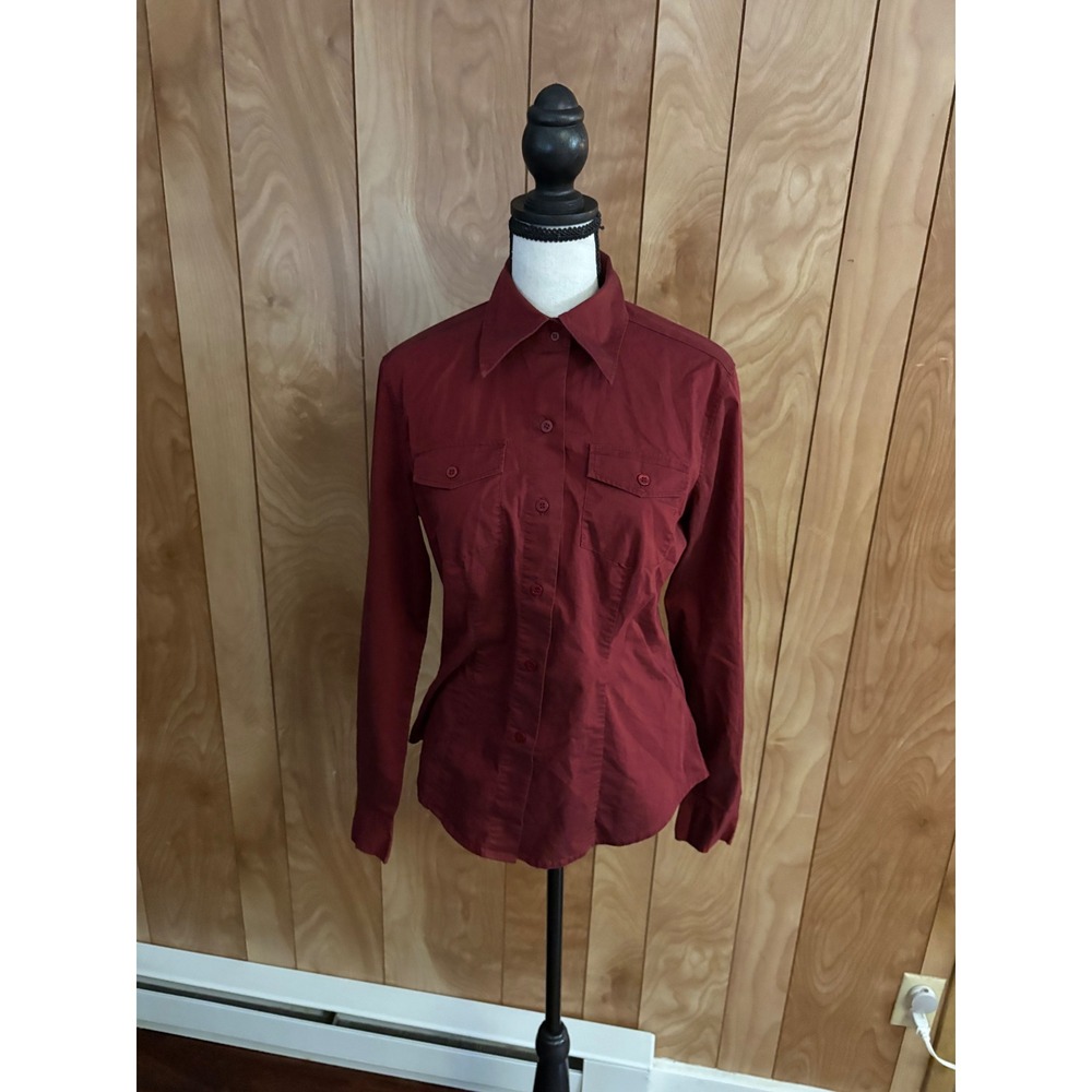 New York & Company Stretch Button Down Shirt Burgundy Maroon Long Sleeve Small